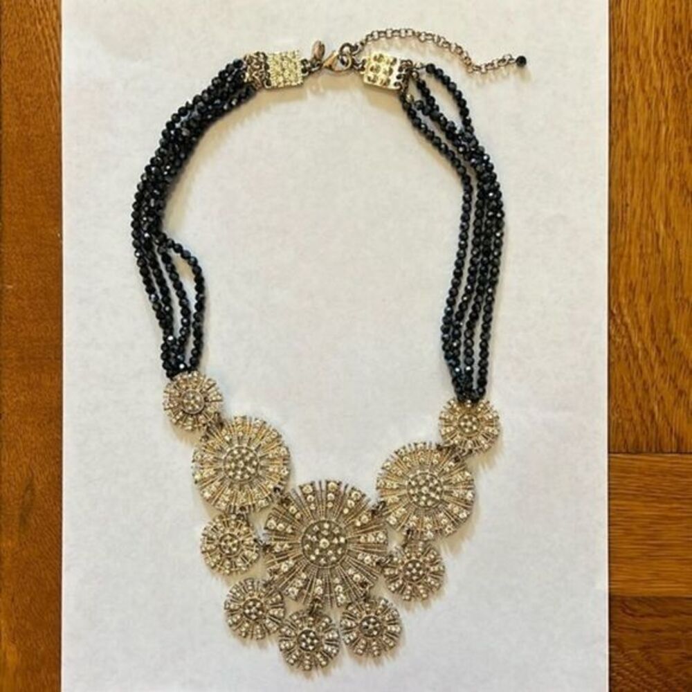 Anthropologie navy and Gold Crystal Bib Necklace with statement gems